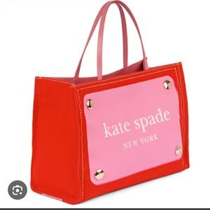 KATE SPADE Bag Knit TOTE NEW in Pink & Red Preppy Silver Buttons 15" x 9"